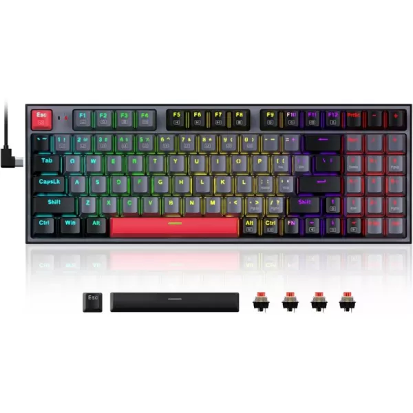 Redragon Wired Mechanical Gaming Keyboard with RGB Backlit 94 Keys Programmable Macro Editing Numeric Pad Red Switches Compact Keyboard Mechanical for Pc Mac Ipad K636CLOGrayBlackRed