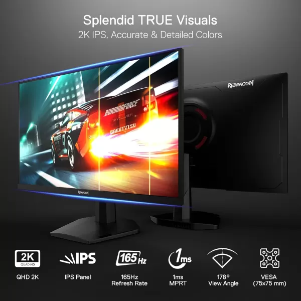 Redragon 27quot 144hz165HZ Flat Gaming Monitor QHD 2K 2560X1440 IPS Frameless Computer Monitor 1ms Response Time HDMI ampamp VGA Compatible VESA Wall Mount27inch