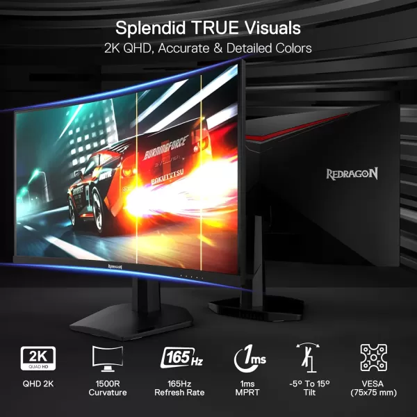 Redragon 27quot 144hz165HZ Flat Gaming Monitor QHD 2K 2560X1440 IPS Frameless Computer Monitor 1ms Response Time HDMI ampamp VGA Compatible VESA Wall Mount27inch