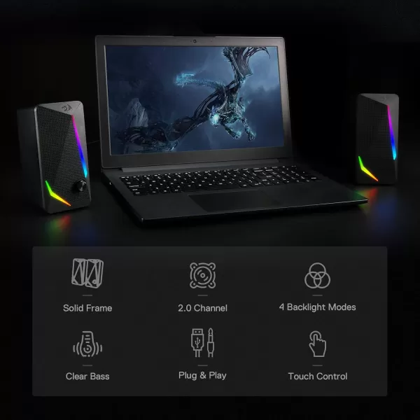 Redragon GS510 RGB Desktop Speakers 20 Channel PC Computer Speaker with 4 Colorful LED Backlight Modes Enhanced Bass and EasyAccess Volume Control USB Powered w 35mm Cable