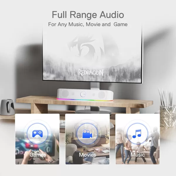Redragon GS560 RGB Desktop Soundbar 20 Channel Computer Speaker with Dynamic Lighting Bar AudioLight SyncDisplay TouchControl Backlit with Volume Knob USB Powered w 35mm Cable BlackWhite