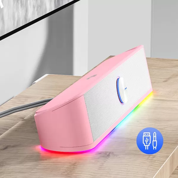 Redragon GS560 RGB Desktop Soundbar 20 Channel Computer Speaker with Dynamic Lighting Bar AudioLight SyncDisplay TouchControl Backlit with Volume Knob USB Powered w 35mm Cable BlackPink