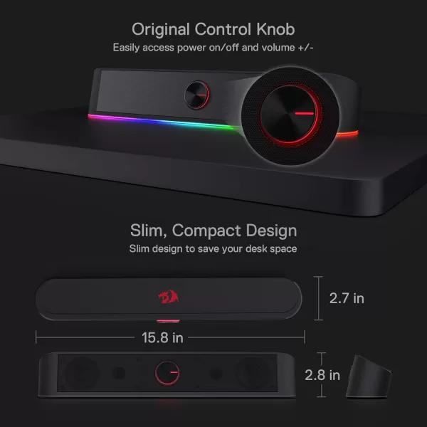 Redragon GS560 RGB Desktop Soundbar 20 Channel Computer Speaker with Dynamic Lighting Bar AudioLight SyncDisplay TouchControl Backlit with Volume Knob USB Powered w 35mm Cable BlackBlack