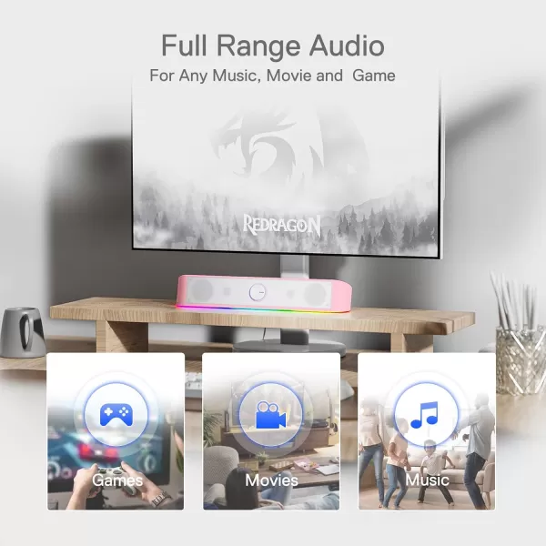 Redragon GS560 RGB Desktop Soundbar 20 Channel Computer Speaker with Dynamic Lighting Bar AudioLight SyncDisplay TouchControl Backlit with Volume Knob USB Powered w 35mm Cable BlackPink