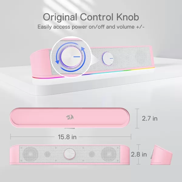 Redragon GS560 RGB Desktop Soundbar 20 Channel Computer Speaker with Dynamic Lighting Bar AudioLight SyncDisplay TouchControl Backlit with Volume Knob USB Powered w 35mm Cable BlackPink