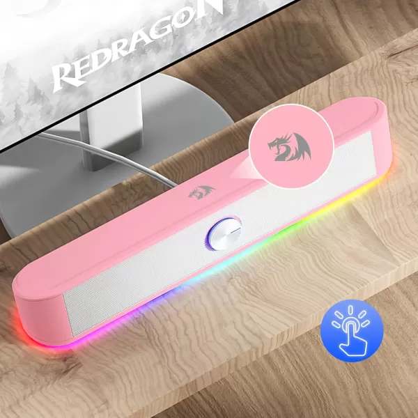 Redragon GS560 RGB Desktop Soundbar 20 Channel Computer Speaker with Dynamic Lighting Bar AudioLight SyncDisplay TouchControl Backlit with Volume Knob USB Powered w 35mm Cable BlackPink