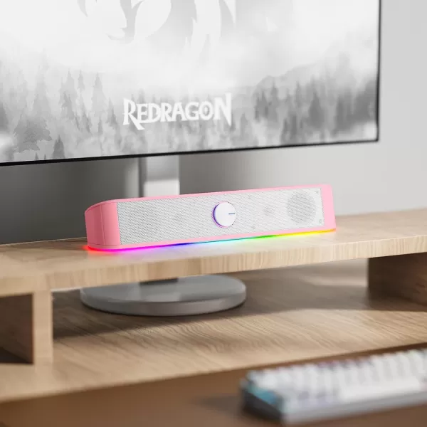 Redragon GS560 RGB Desktop Soundbar 20 Channel Computer Speaker with Dynamic Lighting Bar AudioLight SyncDisplay TouchControl Backlit with Volume Knob USB Powered w 35mm Cable BlackPink