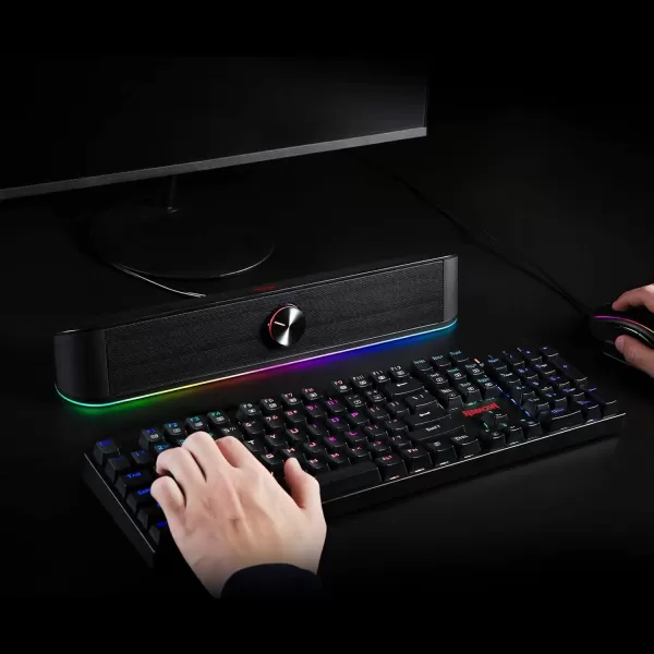 Redragon GS560 RGB Desktop Soundbar 20 Channel Computer Speaker with Dynamic Lighting Bar AudioLight SyncDisplay TouchControl Backlit with Volume Knob USB Powered w 35mm Cable BlackBlack