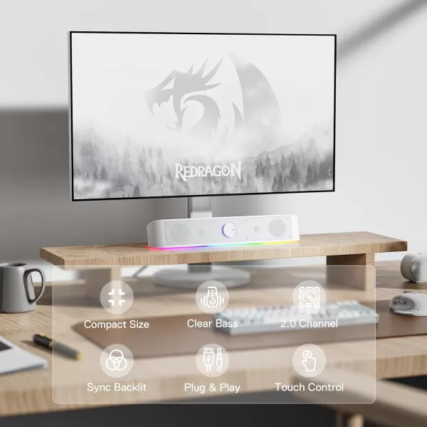 Redragon GS560 RGB Desktop Soundbar 20 Channel Computer Speaker with Dynamic Lighting Bar AudioLight SyncDisplay TouchControl Backlit with Volume Knob USB Powered w 35mm Cable BlackWhite