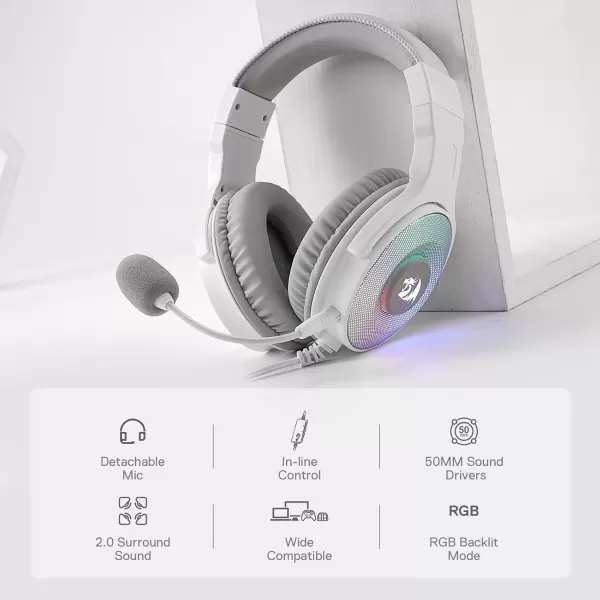 Redragon H350 White Wired Gaming Headset Dynamic RGB Backlight  Stereo SurroundSound  50MM Drivers  Detachable Microphone OverEar Headphones Works for PCPS4XBOX OneNSWhite