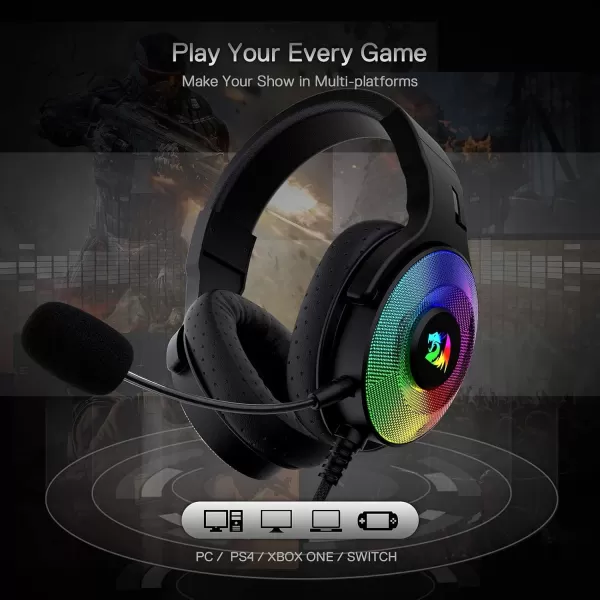 Redragon H350 White Wired Gaming Headset Dynamic RGB Backlight  Stereo SurroundSound  50MM Drivers  Detachable Microphone OverEar Headphones Works for PCPS4XBOX OneNSBlack