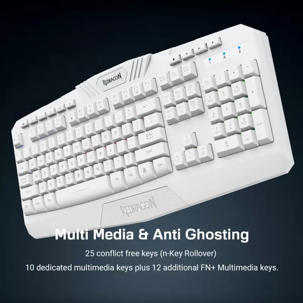 Redragon K503 Gaming Keyboard RGB LED Backlit Multimedia Keys Silent USB Keyboard with Wrist Rest for Windows PC Games Wireless White