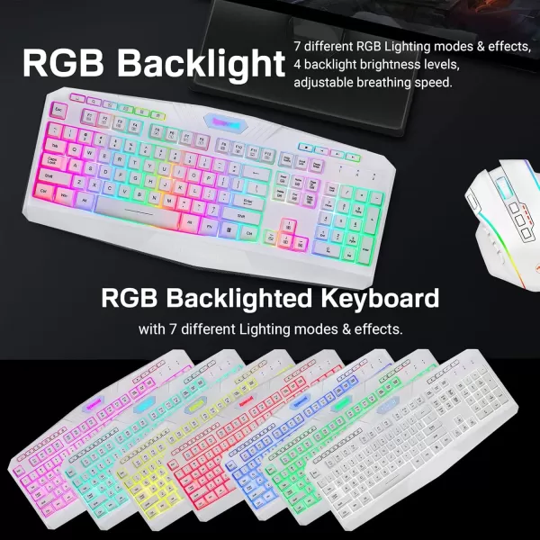 Redragon K503 Gaming Keyboard RGB LED Backlit Multimedia Keys Silent USB Keyboard with Wrist Rest for Windows PC Games Wireless White