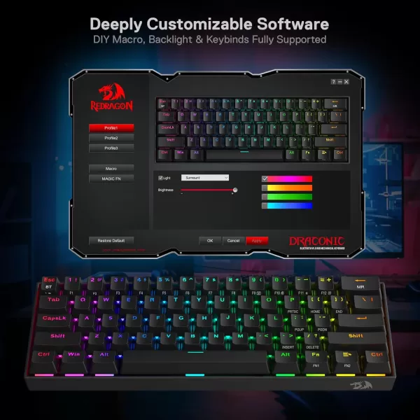 Redragon K530 Pro Draconic 60 Wireless RGB Mechanical Keyboard BT24GhzWired 3Mode 61 Keys Compact Gaming Keyboard wHotSwap Socket FreeMod Plate Mounted PCB ampamp Tactile Brown SwitchBlack