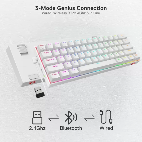 Redragon K530 Pro Draconic 60 Wireless RGB Mechanical Keyboard BT24GhzWired 3Mode 61 Keys Compact Gaming Keyboard wHotSwap Socket FreeMod Plate Mounted PCB ampamp Tactile Brown SwitchWhite