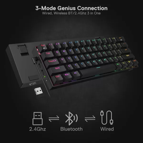 Redragon K530 Pro Draconic 60 Wireless RGB Mechanical Keyboard BT24GhzWired 3Mode 61 Keys Compact Gaming Keyboard wHotSwap Socket FreeMod Plate Mounted PCB ampamp Tactile Brown SwitchBlack
