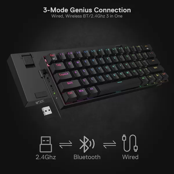 Redragon K530 Pro Draconic 60 Wireless RGB Mechanical Keyboard BT24GhzWired 3Mode 61 Keys Compact Gaming Keyboard wHotSwap Socket FreeMod Plate Mounted PCB ampamp Tactile Brown SwitchBlack