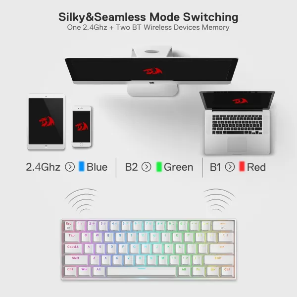 Redragon K530 Pro Draconic 60 Wireless RGB Mechanical Keyboard BT24GhzWired 3Mode 61 Keys Compact Gaming Keyboard wHotSwap Socket FreeMod Plate Mounted PCB ampamp Tactile Brown SwitchWhite