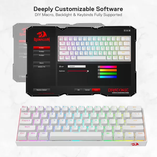Redragon K530 Pro Draconic 60 Wireless RGB Mechanical Keyboard BT24GhzWired 3Mode 61 Keys Compact Gaming Keyboard wHotSwap Socket FreeMod Plate Mounted PCB ampamp Tactile Brown SwitchWhite