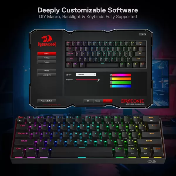 Redragon K530 Pro Draconic 60 Wireless RGB Mechanical Keyboard BT24GhzWired 3Mode 61 Keys Compact Gaming Keyboard wHotSwap Socket FreeMod Plate Mounted PCB ampamp Tactile Brown SwitchBlack