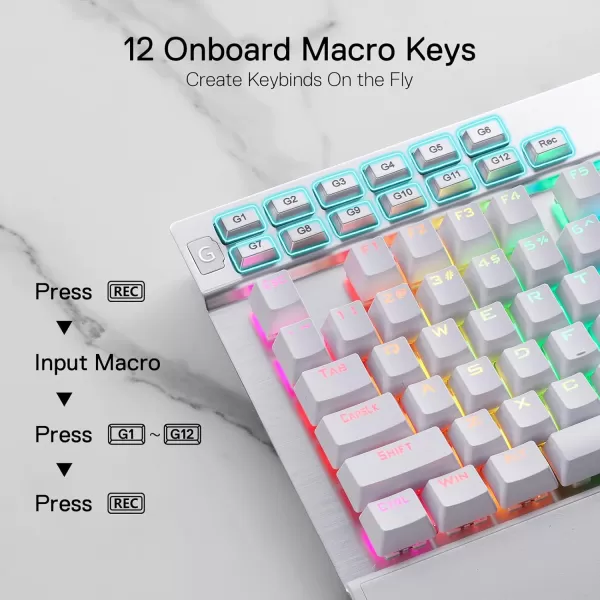 Redragon K550 RGB Gaming Keyboard 104 Keys  12 Macro G Keys Wired Mechanical Keyboard wAluminum Top Plate Custom Clicky Purple Switch Extra USB Port ampamp Wrist RestWhite