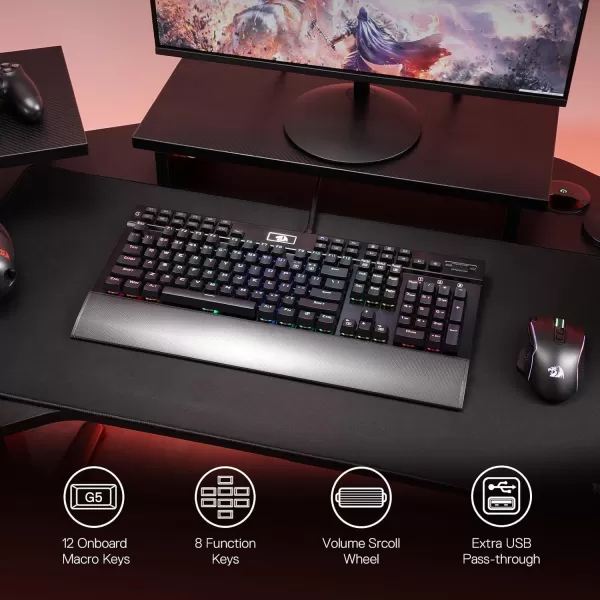 Redragon K550 RGB Gaming Keyboard 104 Keys  12 Macro G Keys Wired Mechanical Keyboard wAluminum Top Plate Custom Clicky Purple Switch Extra USB Port ampamp Wrist RestBlack