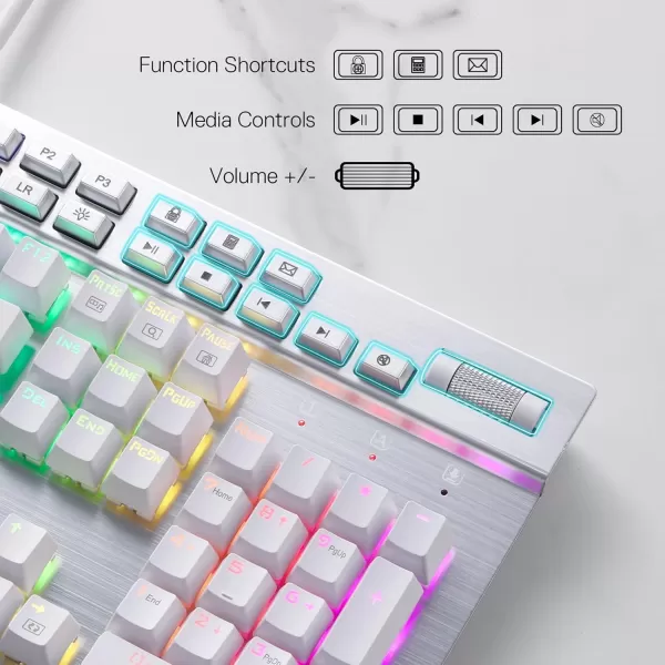 Redragon K550 RGB Gaming Keyboard 104 Keys  12 Macro G Keys Wired Mechanical Keyboard wAluminum Top Plate Custom Clicky Purple Switch Extra USB Port ampamp Wrist RestWhite