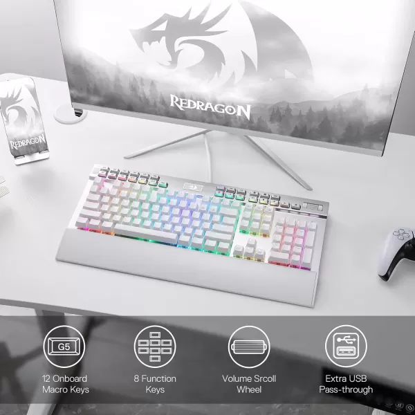 Redragon K550 RGB Gaming Keyboard 104 Keys  12 Macro G Keys Wired Mechanical Keyboard wAluminum Top Plate Custom Clicky Purple Switch Extra USB Port ampamp Wrist RestWhite