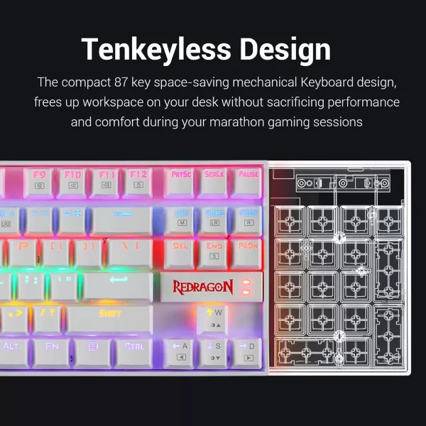 Redragon K552 Mechanical Gaming Keyboard Rainbow LED Backlit Wired with AntiDust Proof Switches for Windows PC White 87 Keys Brown Switches