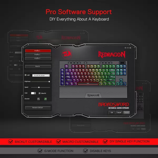 Redragon K596 PRO RGB Mechanical Gaming Keyboard 50 BT24 GhzWired Three Modes 87 Keys TKL Compact Keyboard wDurable Battery 10 Onboard Macro Keys ampamp Wrist Rest 10H Play Time Red SwitchesWired