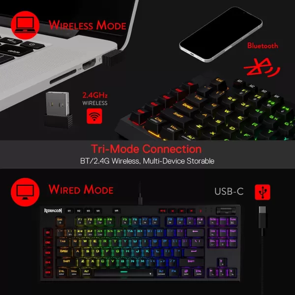 Redragon K596 PRO RGB Mechanical Gaming Keyboard 50 BT24 GhzWired Three Modes 87 Keys TKL Compact Keyboard wDurable Battery 10 Onboard Macro Keys ampamp Wrist Rest 10H Play Time Red SwitchesWireless 3 Modes