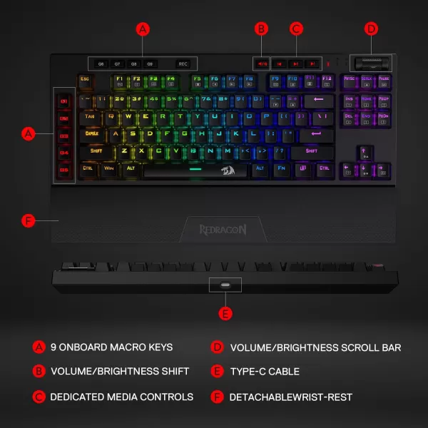 Redragon K596 PRO RGB Mechanical Gaming Keyboard 50 BT24 GhzWired Three Modes 87 Keys TKL Compact Keyboard wDurable Battery 10 Onboard Macro Keys ampamp Wrist Rest 10H Play Time Red SwitchesWired