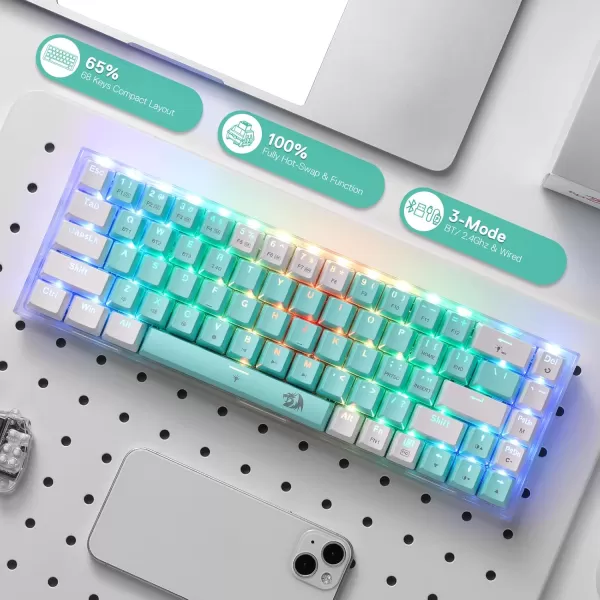 Redragon K631 PRO SE 65 3Mode Wireless RGB Gaming Keyboard 68 Keys HotSwappable Compact Mechanical Keyboard wHotSwap FreeMod PCB Socket ampamp Translucent Board Custom Quiet Linear SwitchWhite  Mint