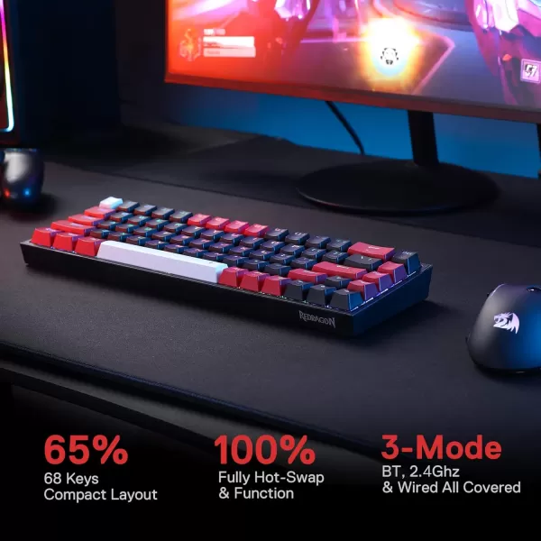 Redragon K631 PRO SE 65 3Mode Wireless RGB Gaming Keyboard 68 Keys HotSwappable Compact Mechanical Keyboard wHotSwap FreeMod PCB Socket ampamp Translucent Board Custom Quiet Linear SwitchBlack  Red