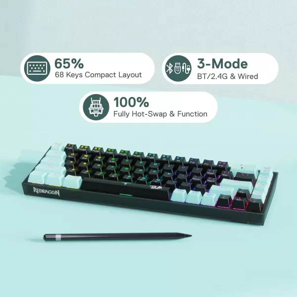Redragon K631 PRO SE 65 3Mode Wireless RGB Gaming Keyboard 68 Keys HotSwappable Compact Mechanical Keyboard wHotSwap FreeMod PCB Socket ampamp Translucent Board Custom Quiet Linear SwitchBlack  Mint