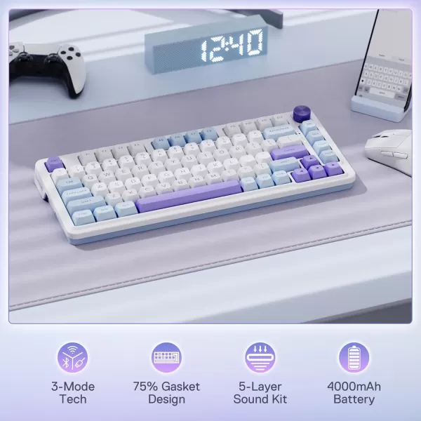 Redragon K673 PRO 75 Wireless Gasket RGB Gaming Keyboard 3Modes 81 Keys Compact Mechanical Keyboard HotSwap Socket Dedicated Knob Control and Sound Absorbing Pads Linear Red SwitchMoonrise Violet