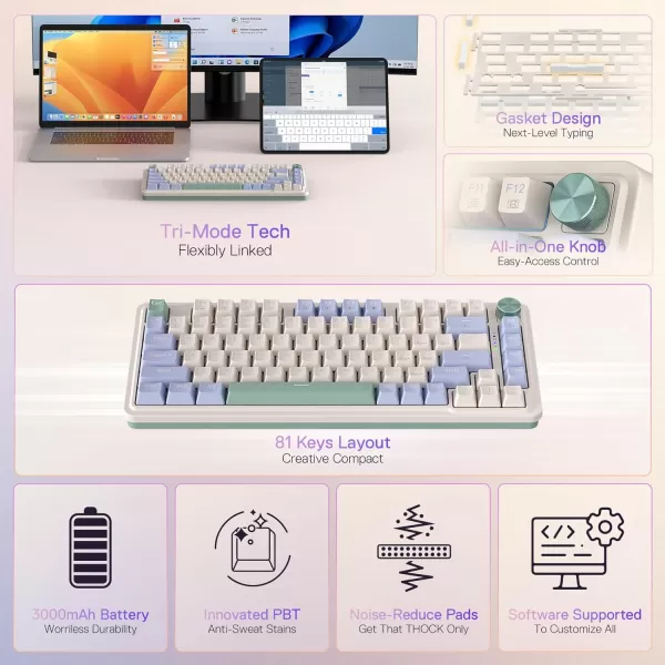 Redragon K673 PRO 75 Wireless Gasket RGB Gaming Keyboard 3Modes 81 Keys Compact Mechanical Keyboard HotSwap Socket Dedicated Knob Control and Sound Absorbing Pads Linear Red SwitchVintage Blue