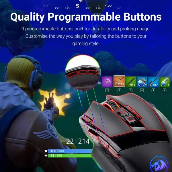 Redragon M801 Gaming Mouse LED RGB Backlit MMO 9 Programmable Buttons Mouse with Macro Recording Side Buttons Rapid Fire Button 16000 DPI for Windows PC Gamer Wireless BlackBlack