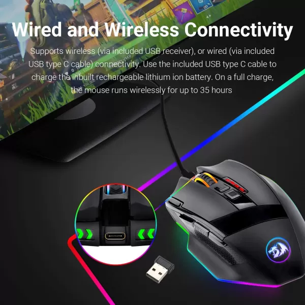 Redragon M801 Gaming Mouse LED RGB Backlit MMO 9 Programmable Buttons Mouse with Macro Recording Side Buttons Rapid Fire Button 16000 DPI for Windows PC Gamer Wireless BlackBlack