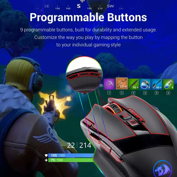 Redragon M801 Gaming Mouse LED RGB Backlit MMO 9 Programmable Buttons Mouse with Macro Recording Side Buttons Rapid Fire Button 16000 DPI for Windows PC Gamer Wireless BlackBlack