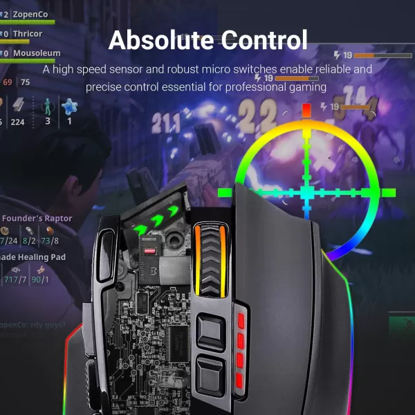 Redragon M801 Gaming Mouse LED RGB Backlit MMO 9 Programmable Buttons Mouse with Macro Recording Side Buttons Rapid Fire Button 16000 DPI for Windows PC Gamer Wireless BlackBlack