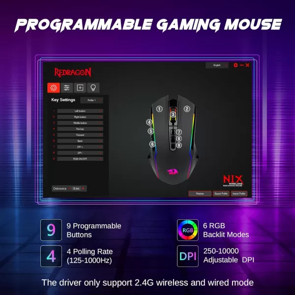 Redragon Wireless Gaming Mouse TriMode 24GUSBCBluetooth Mouse Gaming 10000 DPI RGB Backlit Fully Programmable Rechargeable Wireless Computer Mouse for Laptop PC Mac BlackBlack