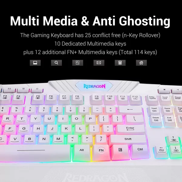 Redragon K503 Gaming Keyboard RGB LED Backlit Multimedia Keys Silent USB Keyboard with Wrist Rest for Windows PC Games Wired White