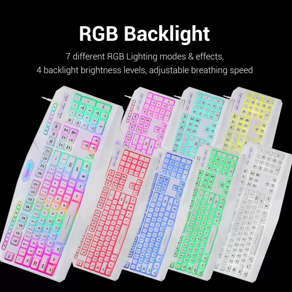 Redragon K503 Gaming Keyboard RGB LED Backlit Multimedia Keys Silent USB Keyboard with Wrist Rest for Windows PC Games Wired White