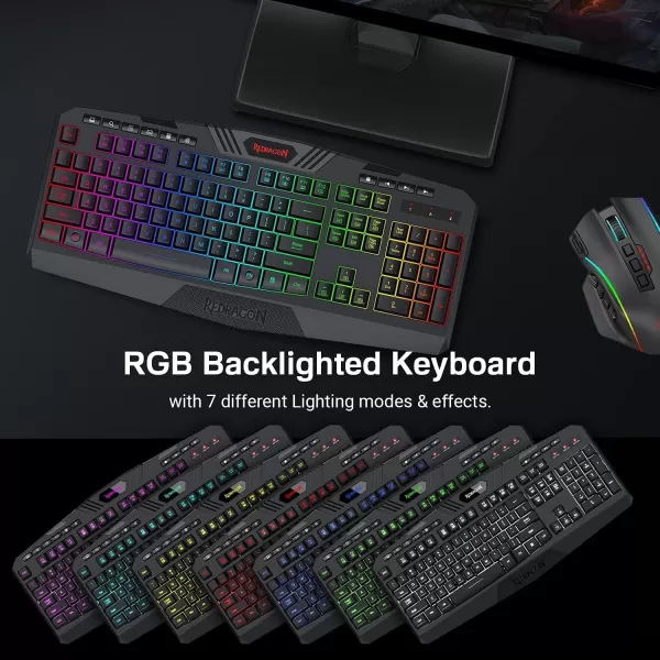 Redragon K503 Wireless Gaming Keyboard RGB LED Backlit Multimedia Keys Silent Membrane Keyboard with Wrist Rest for Windows PC Games Black