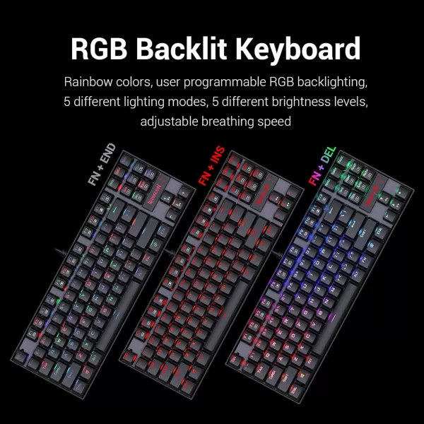Redragon K552 Mechanical Gaming Keyboard RGB LED Backlit Wired with AntiDust Proof Switches for Windows PC Black 87 Keys Red Switches