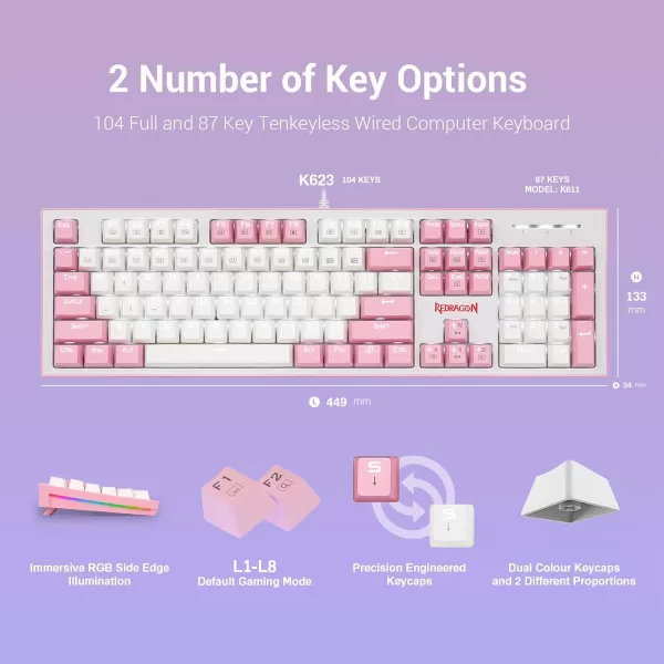 Redragon K623 Dual Color Keys Mechanical Gaming Keyboard Single White LED  RGB Side Edge Backlit 104 Key Wired Computer Keyboard with Blue Switches for Windows PC White  Pink