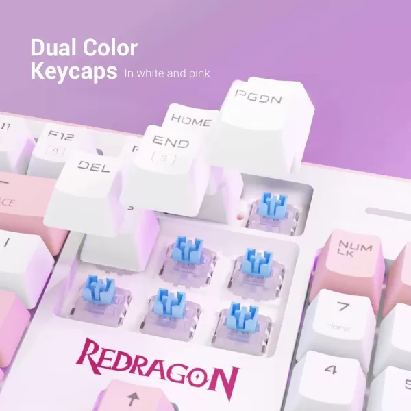 Redragon K623 Dual Color Keys Mechanical Gaming Keyboard Single White LED  RGB Side Edge Backlit 104 Key Wired Computer Keyboard with Blue Switches for Windows PC White  Pink