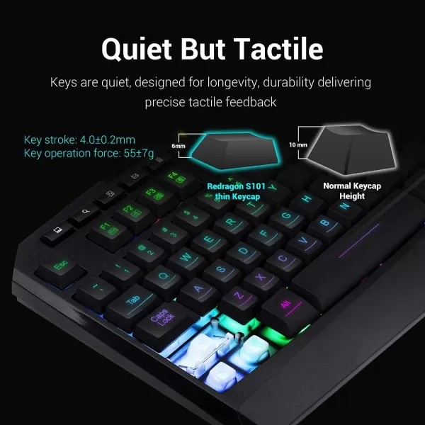 Redragon PC Gaming Keyboard RGB LED Backlit Wired Multimedia Keys Silent USB Keyboard with Wrist Rest for Windows PC Games Black