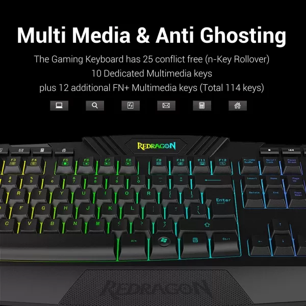 Redragon PC Gaming Keyboard RGB LED Backlit Wired Multimedia Keys Silent USB Keyboard with Wrist Rest for Windows PC Games Black